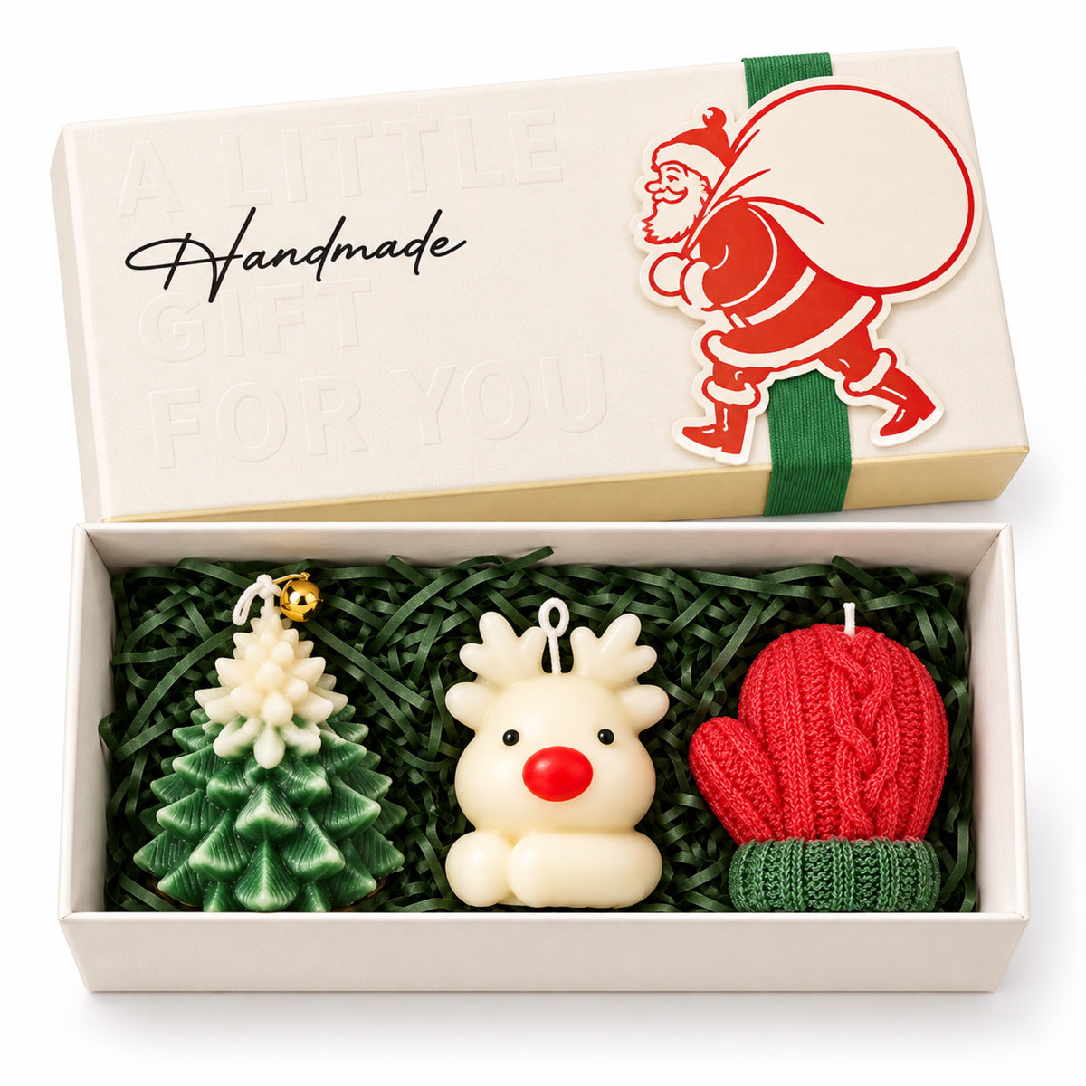 Kerst geurkaarsenset met kerstboom, rendier en rode want in geschenkdoos