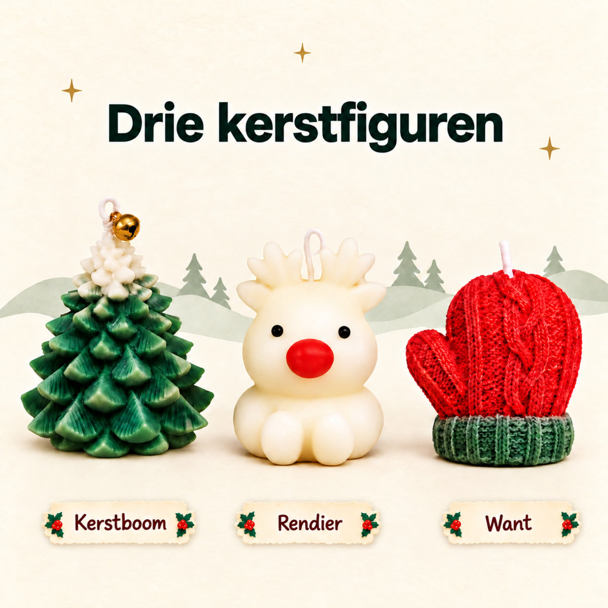 Drie kerstfiguren: kerstboom, rendier en want