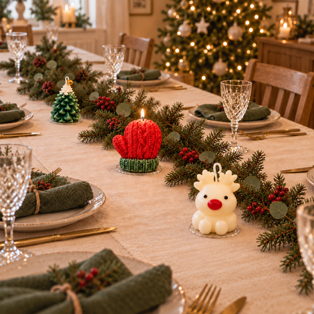 Drie kerstkaarsen als decoratie op een feestelijk gedekte tafel