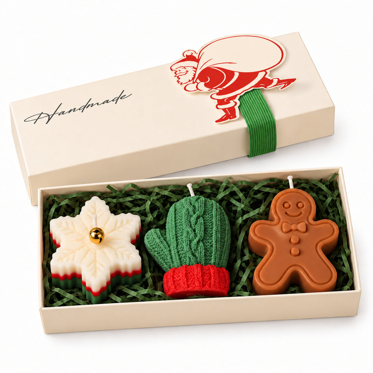 Kerst geurkaarsenset met sneeuwvlok, groene want en peperkoekmannetje in geschenkdoos