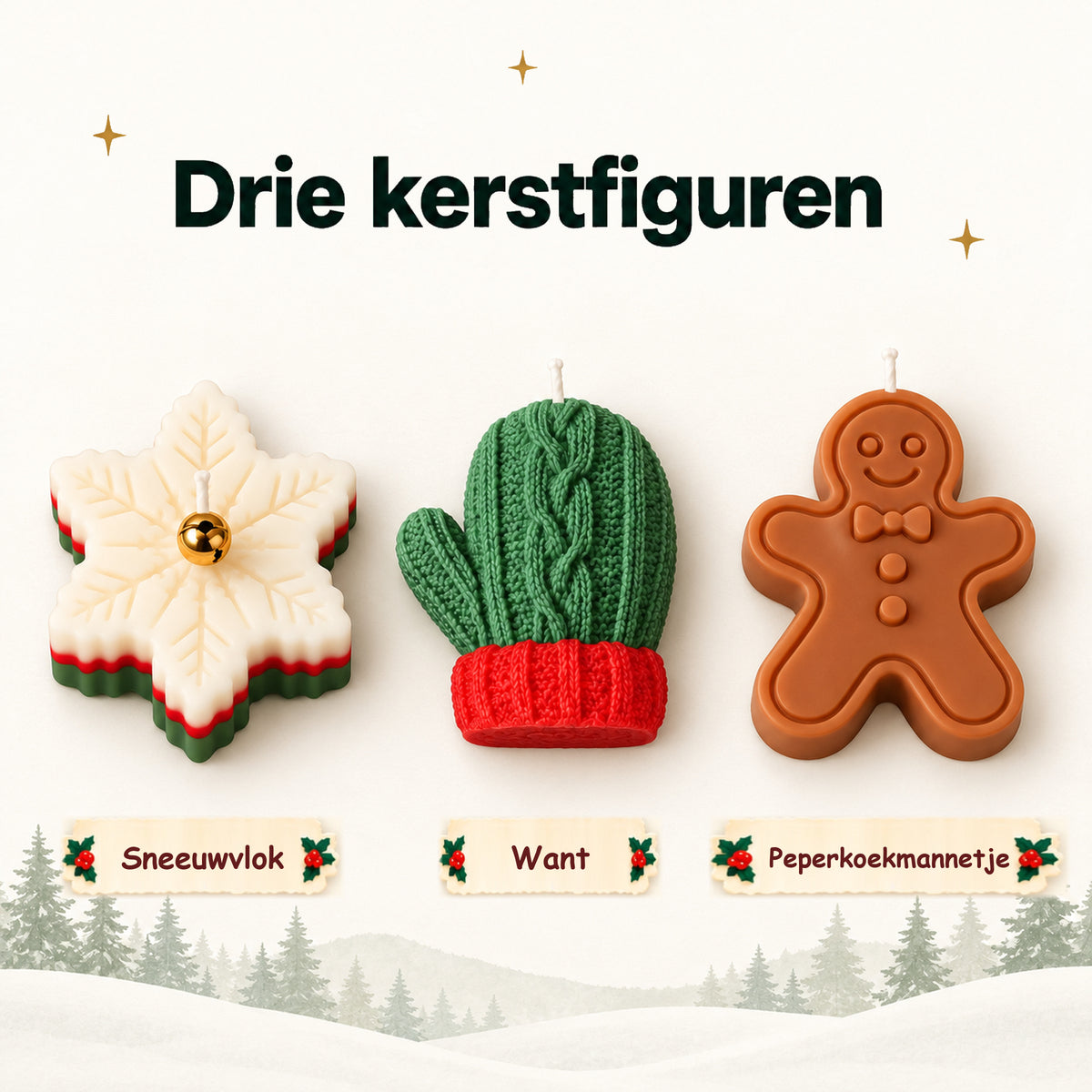 Drie kerstfiguren: sneeuwvlok, want en peperkoekmannetje