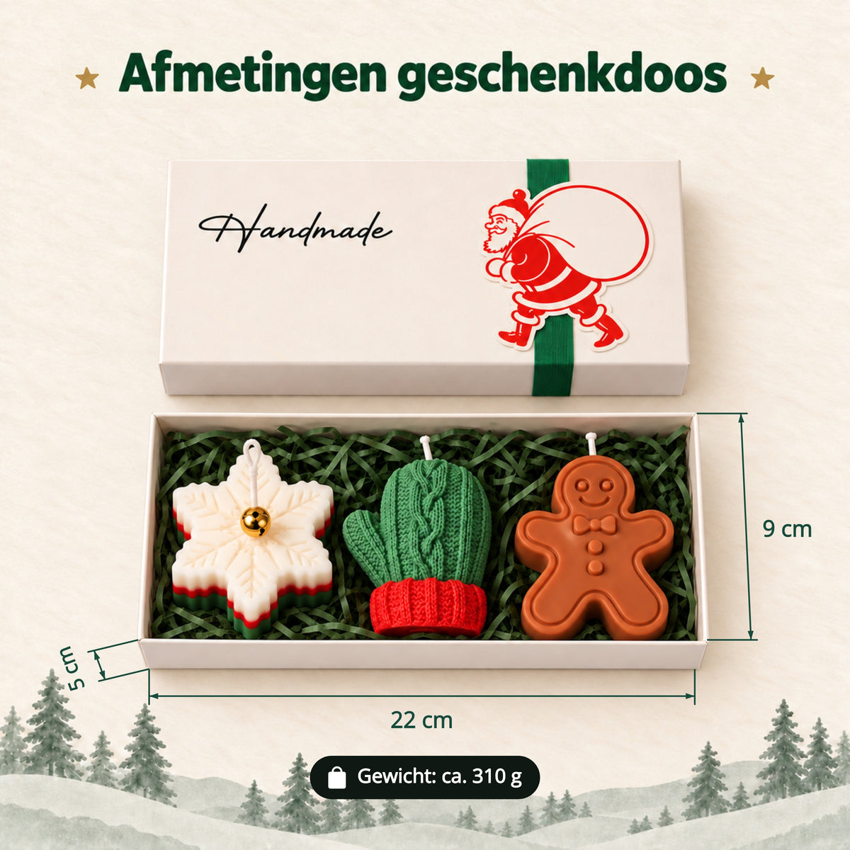 Geschenkdoos van 22 × 9 × 5 cm met een verpakkingsgewicht van circa 310 g