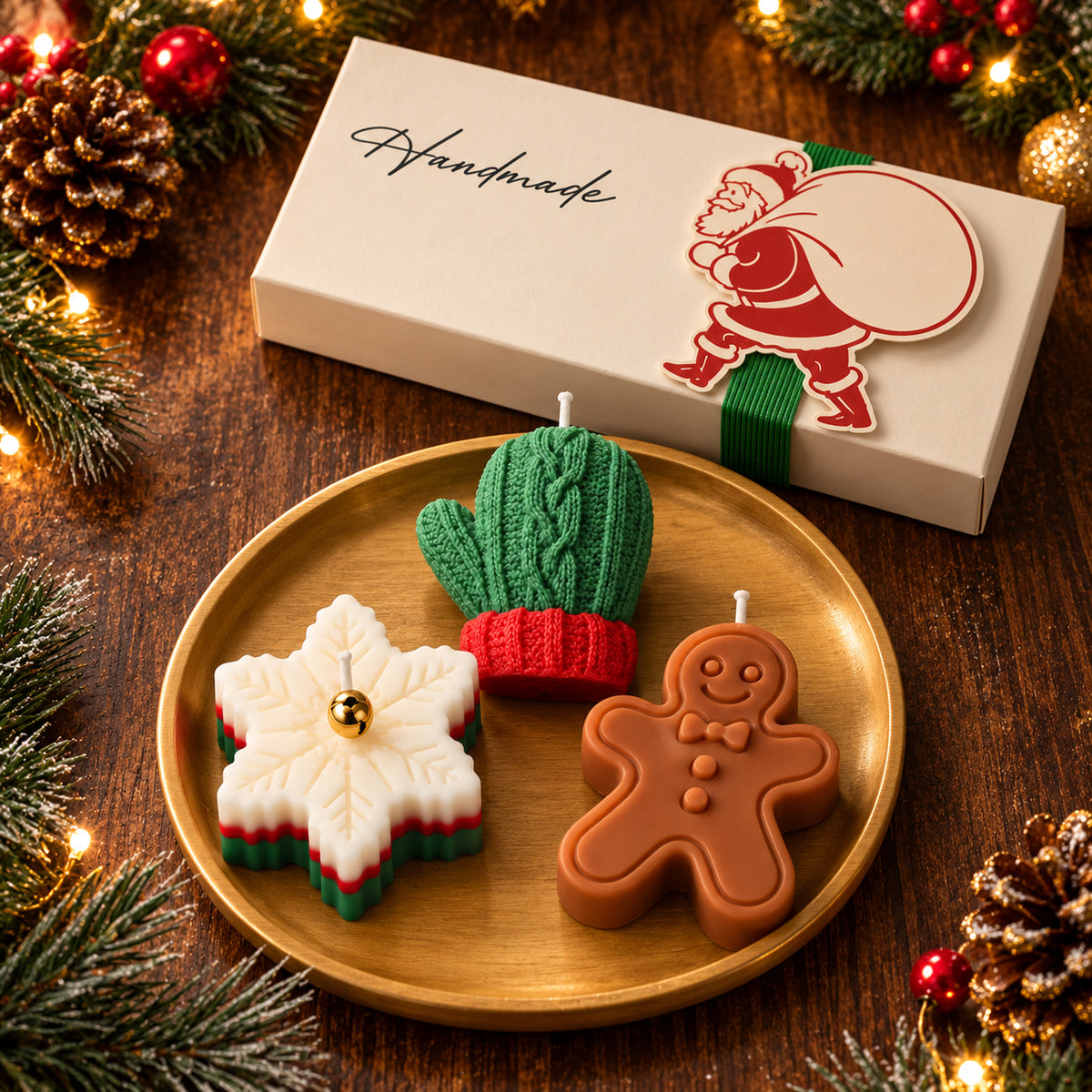 Sneeuwvlokkaars, groene wantkaars en liggend peperkoekmannetje op een goudkleurig dienblad naast de geschenkdoos