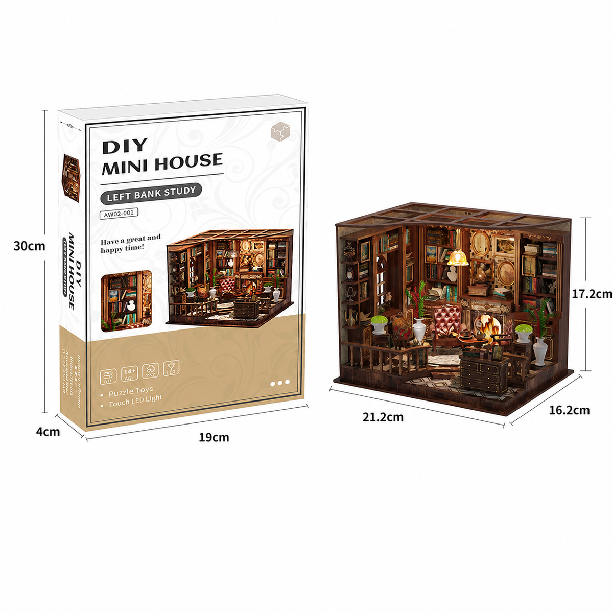 Afmetingen van de Left Bank Study Book Nook en verpakking