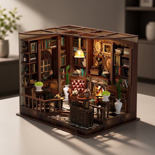 Verlichte Left Bank Study Book Nook in een warme interieursetting