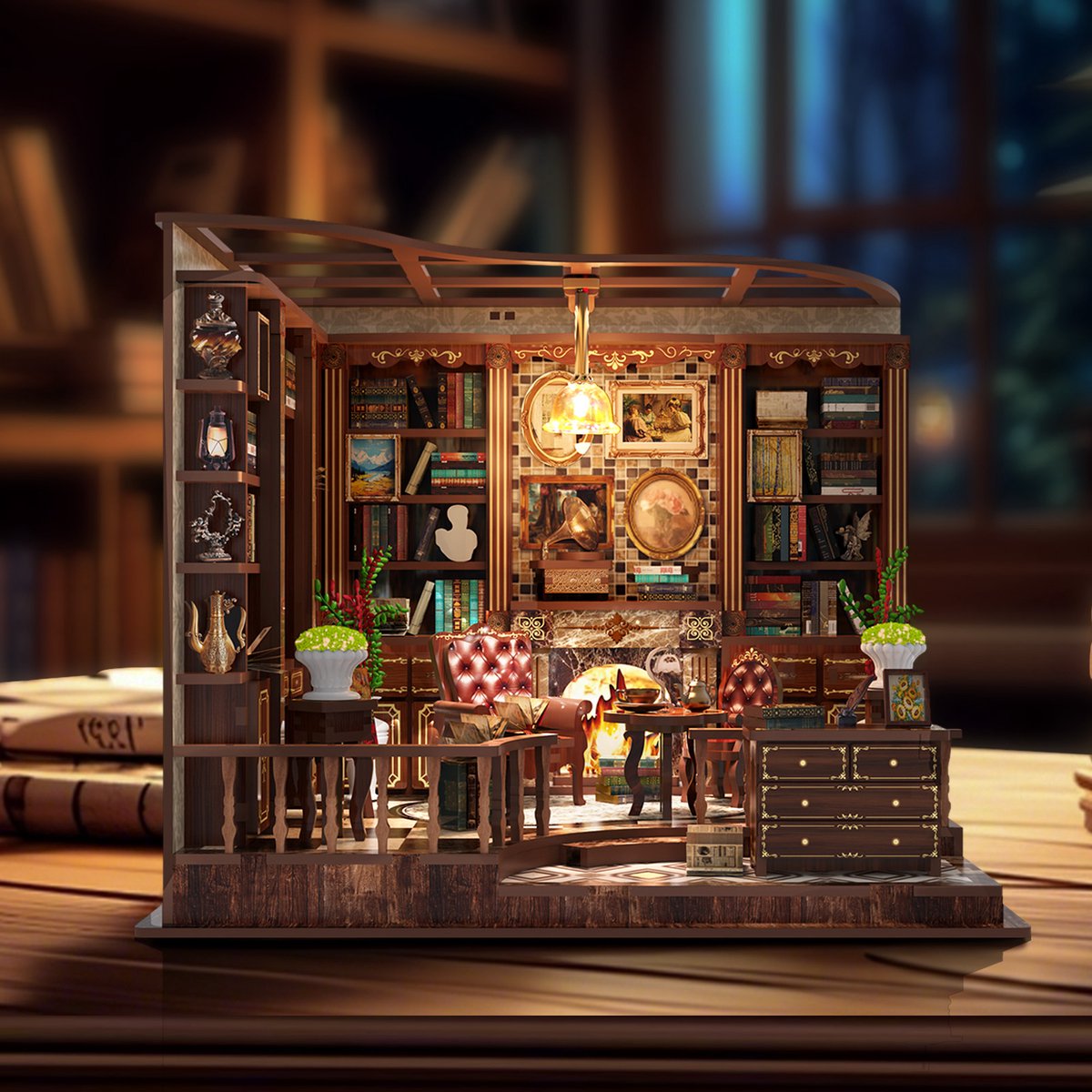 Vooraanzicht van de verlichte Left Bank Study miniatuurkamer