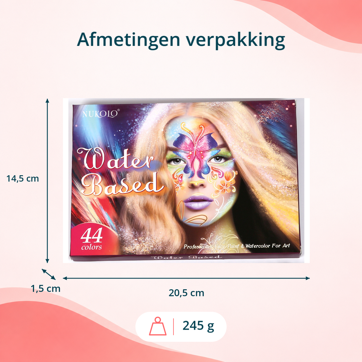 Verpakking van de 44-kleuren schminkset: 20,5 × 14,5 × 1,5 cm en gewicht 245 g