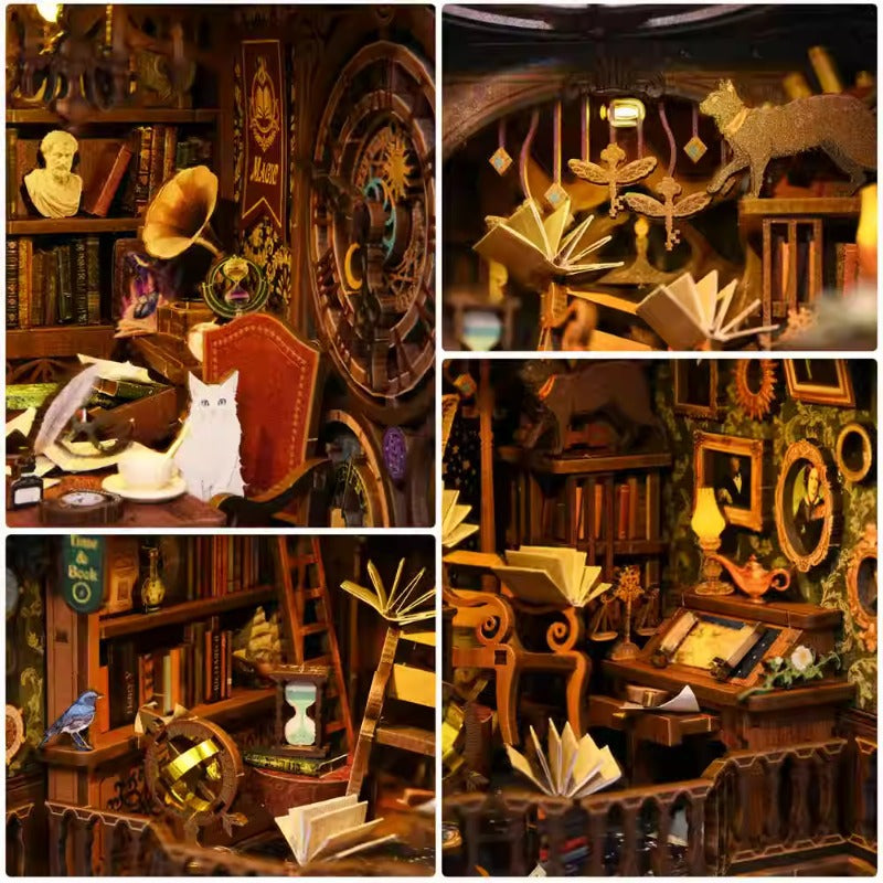 Collage met boeken klokken en fantasiedetails van de Wonder Library
